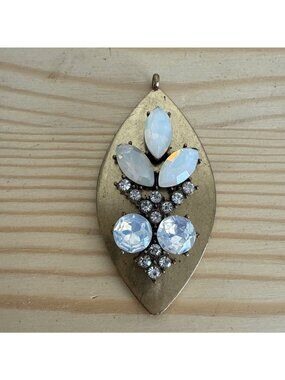 Gold-Toned Leaf-Shaped Pendant With Rhinestone & Opalescent Embellishments